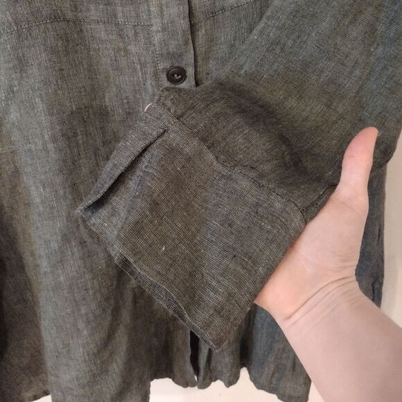 Flax Women's Size Medium 100% Linen Button Down Long Sleeve Oversized Green Top - Picture 7 of 11
